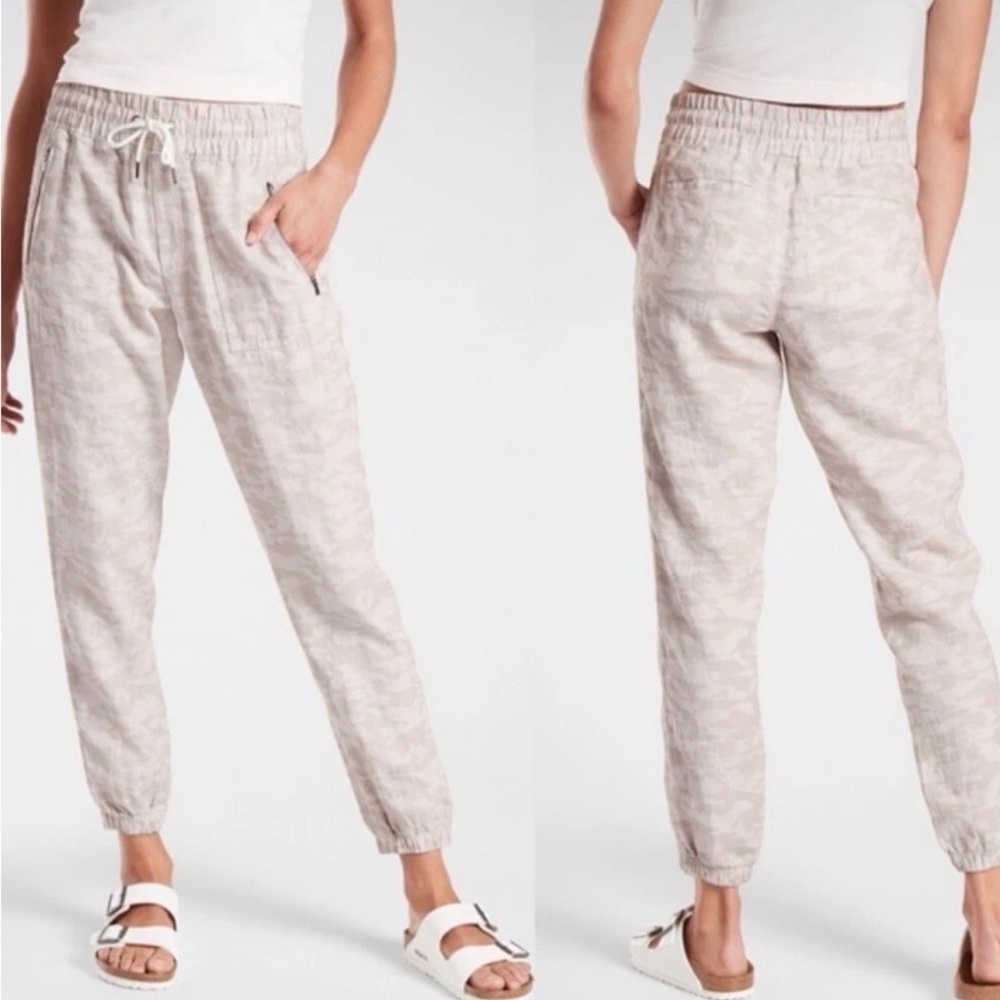 Athleta Cabo Tide Linen Joggers Neutral Camo Print Pants Size 8